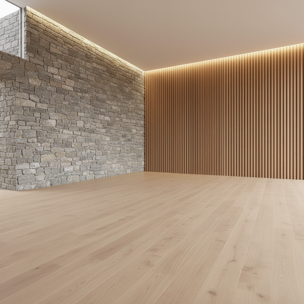 Sala moderna de madeira e pedra